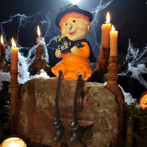 Vtg Halloween Witch Shelf Sitter Figurine Eek Brew Black Kettle Hat Orange Gown